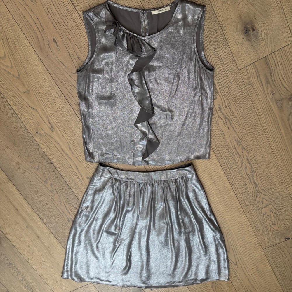 Etro Skirt Set Womens 42 44 Silver Metallic Silk Ruffle Top A-Line Skirt‎ Set